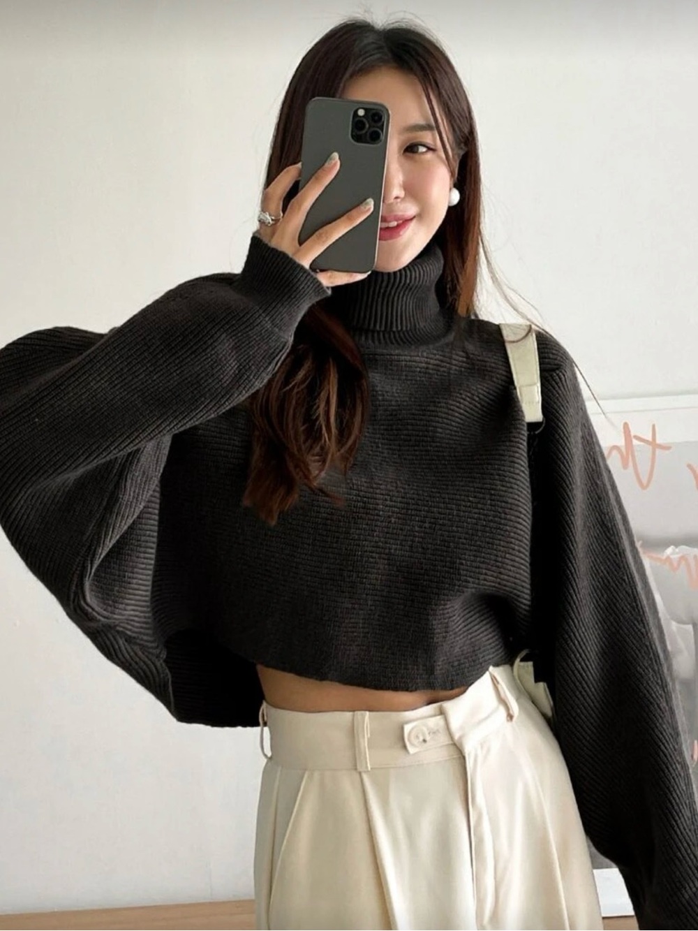 Shein DAZY Turtleneck Batwing Sleeve Crop Sweater Black Small
